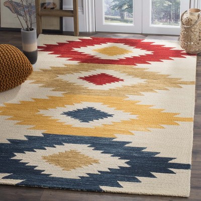 Ivory and Multicolor Geometric Wool Area Rug, 5' x 8'