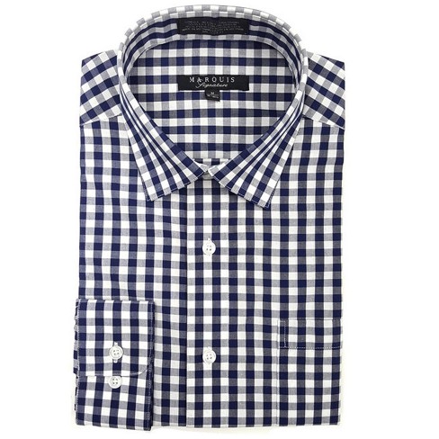 Marquis Men's Navy Blue Gingham Checkered Long Sleeve Modern Fit Shirt,  Size - XXX Large