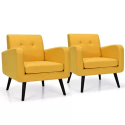 Costway 2PCS Accent Armchair Single Sofa Chair Home Office w/ Wooden Legs Yellow