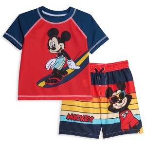Disney Mickey Mouse Surfboard UPF 50+ Rash Guard shirt & Swim Trunks Outfit Set Toddler - 1 of 4