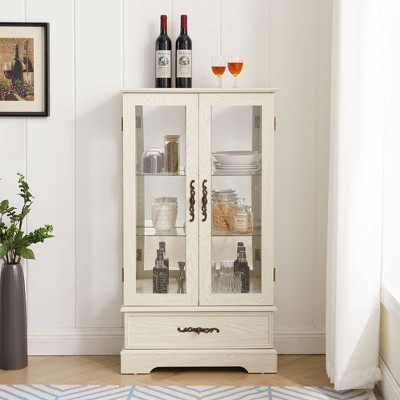 Wooakway 47"H White Lighted Glass Curio Cabinet with Adjustable Shelves Two Doors One Drawer Bulb Included
