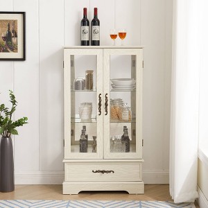 Wooakway 47"H White Lighted Glass Curio Cabinet with Adjustable Shelves Two Doors One Drawer Bulb Included - 1 of 4