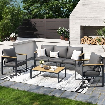 4-Piece Outdoor Patio Furniture Set,Modern Iron Conversation Set with Grey Cushions And Faux Wood Grain Frame-Maison Boucle