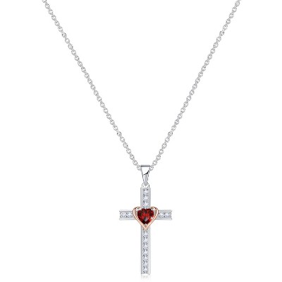 Molenia Birthstone Cross Necklace for Women, 925 Sterling Silver Heart Cross Pendant Necklace Fine Cross Jewelry Birthday Gifts for Her 18"+4" Inches