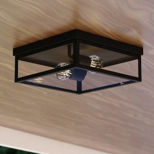 VAXCEL Clinton 12 in. W 2-Light Matte Black Outdoor Flush Mount Ceiling Light with Clear Glass Shade, LED Compatible, made of Durable Steel - 1 of 4