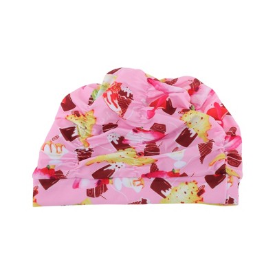 Unique Bargains Polyester Ice Cream Pattern Swim Cap 5.91"x9.25" Pink Yellow 1 Pc