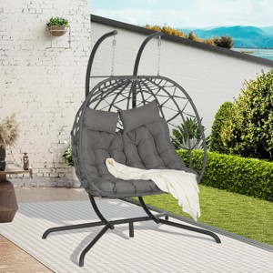 Outdoor Hanging 2-Person Egg Swing Chair,Wicker Basket Hammock Chair With UV Resistant Cushions And Stand For Balcony Bedroom-Coolbibila - 1 of 4