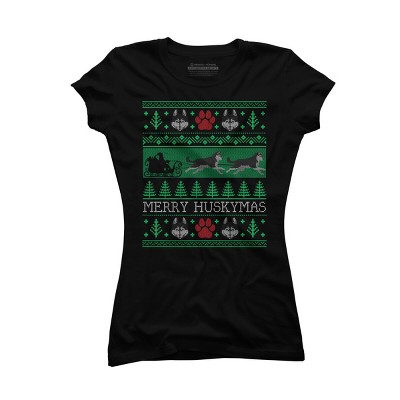 Junior's Design By Humans Christmas Siberian Husky Dog Funny Husky Ugly Christmas Sweater By pahari T-Shirt