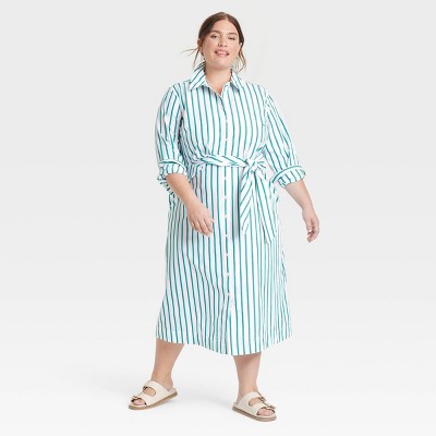 Image of Women's Long Sleeve Tie-Front Midi Shirtdress - Universal Thread™ Green Striped XXL