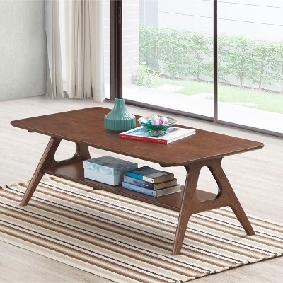 Arona Walnut Mid-Century Modern Rectangular Wood Coffee Table with Shelf