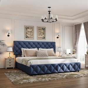 Linen Upholstered Platform Bed Frame with Headboard and 4 Spacious Storage Drawers, Diamond Button Tufted Design, No Box Spring Needed, Easy Assembly - 1 of 4
