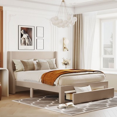 CAVINAS Full/Queen Size Velvet Upholstered Platform Bed Frame with Big Storage Drawer,No Box Spring Needed