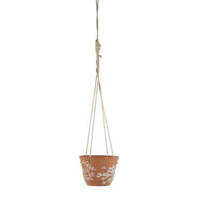White Botanical Pattern Natural Handthrown Terracotta and Jute Hanging Planter - Foreside Home & Garden