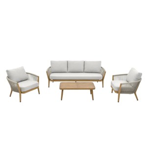Imitation Teak 4Piece Patio Furniture Suite Modular Sofa & Accent Chair Set with Corded Weave Sides + Square Geometric Grain Table - 1 of 4