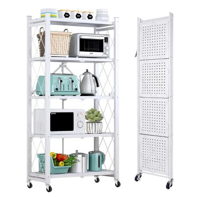 LunaLulinlk 5-Tier Storage Shelving Unit, Metal Shelf, Foldable Storage Shelf with Wheels, Kitchen Shelf with 4 Hooks, No Assemble Require, White
