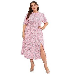 LXT-Women's Plus Size Dress Smocked Waist Side Split Boho Floral Dresses - 1 of 4