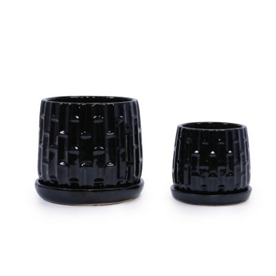 Syemin Planters Set of 2 Ceramic Flowerpot, Indoor and Outdoor Modern Decorative Round Planter for Patio, Garden, Black, 7.87"*7.87"*7.09"