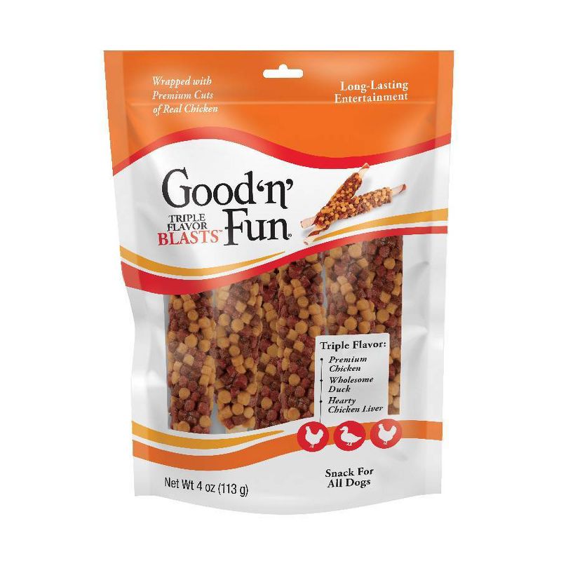 Good &#39;n&#39; Fun Triple Flavor Blast with Chicken, Duck and Liver Rawhide Dog Treats - 4oz, 1 of 5