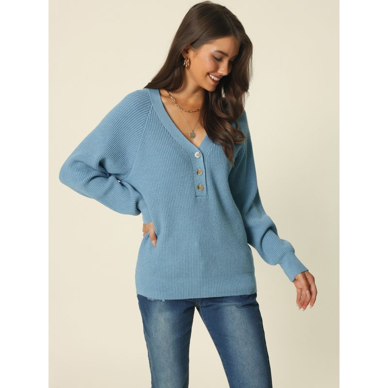 Seta T Women's Long Sleeve V Neck Button Front Solid Ribbed Knit Pullover Sweaters, 2 of 6