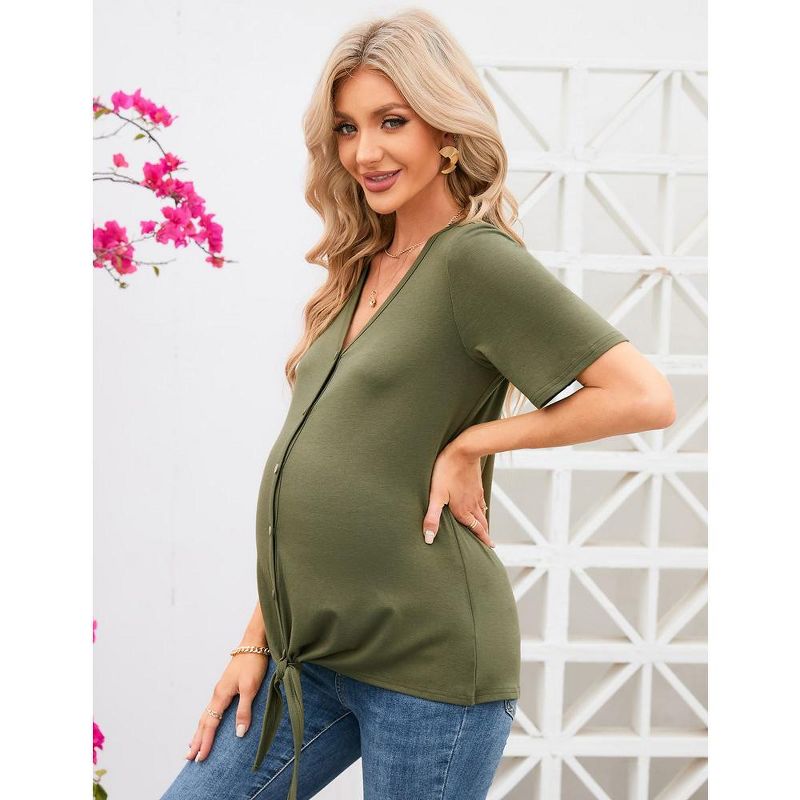 Maternity Short Sleeve T-Shirt Casual Button Down V Neck Nursing Tops Loose Breastfeeding Blouses, 3 of 8