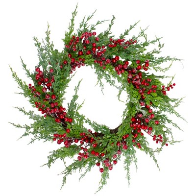 Little red berries wreath as Christmas decor Stock Photo by Anna_Om