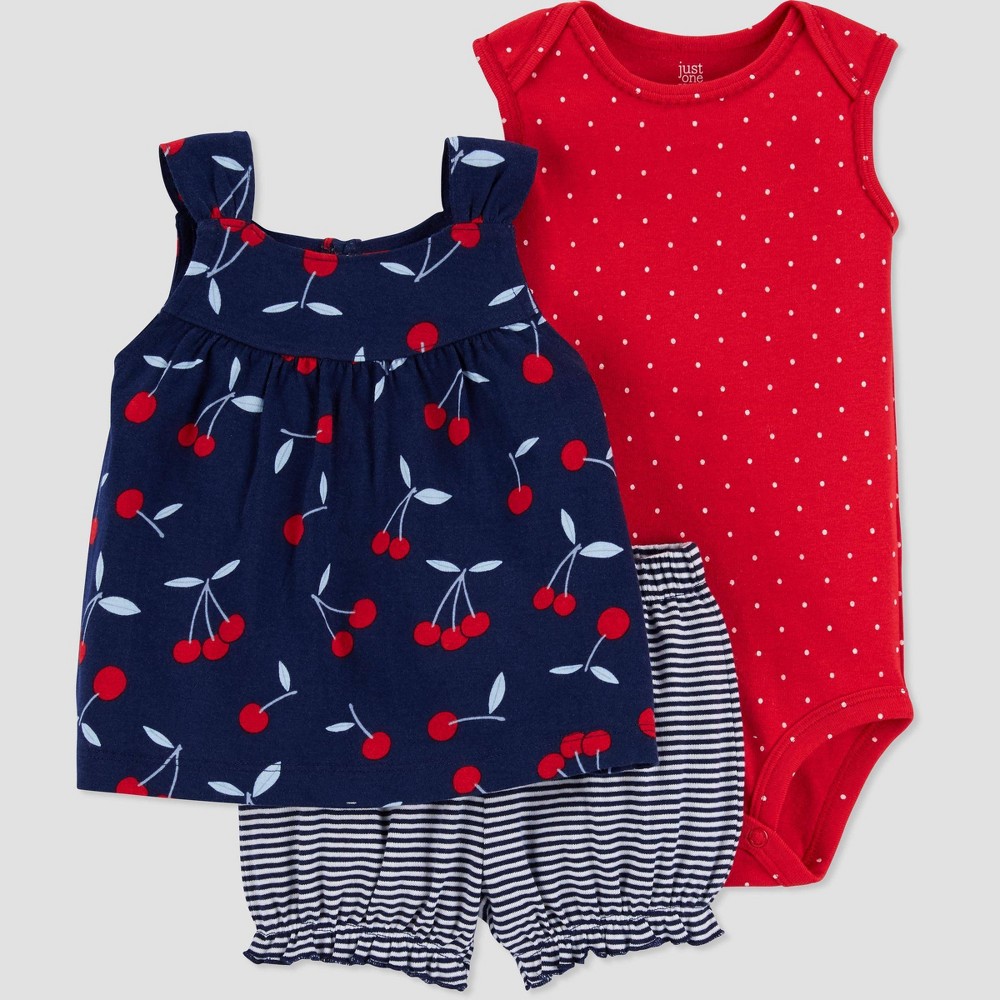 size NB Baby Girls' Cherry Top & Bottom Set - Just One You made by carter's Navy Newborn, Red/Blue