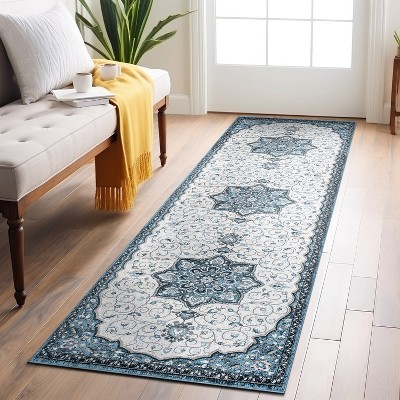 Blue and Ivory Medallion Runner Rug with Jute Backing