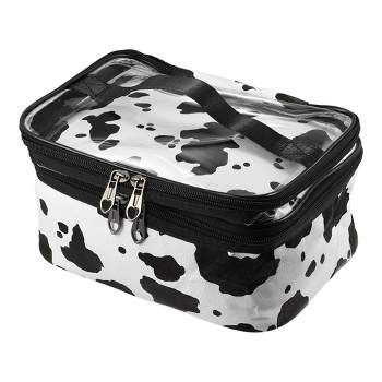 Unique Bargains Black White Double Layer Makeup Bag Cosmetic Travel Bag Case Large Makeup Bag Make Up Organizer Bag for Women Cows Texture 1 Pc