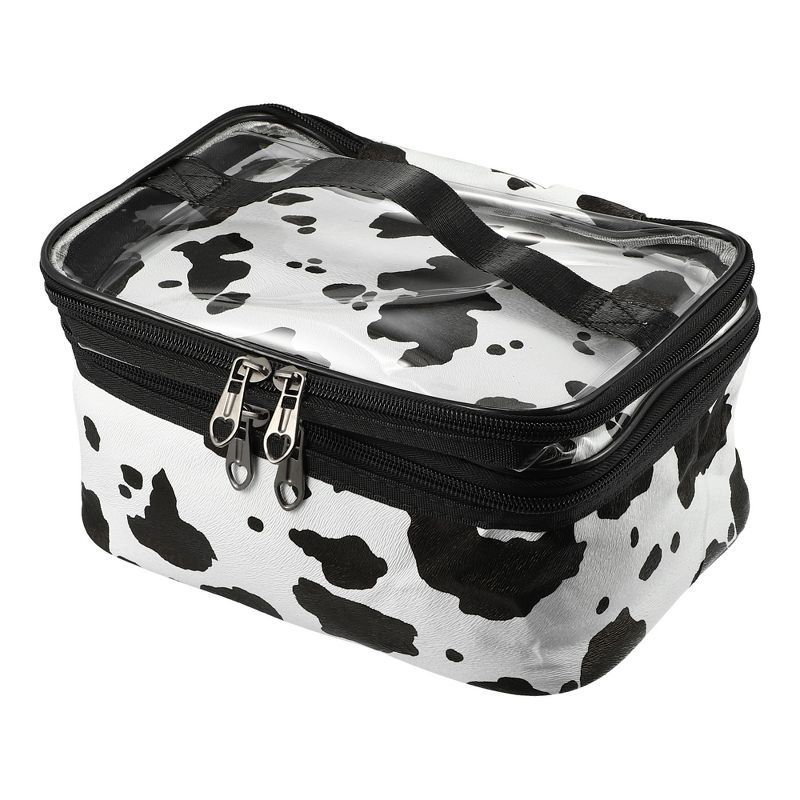 Unique Bargains Black White Double Layer Makeup Bag Cosmetic Travel Bag Case Large Makeup Bag Make Up Organizer Bag for Women Cows Texture 1 Pc, 1 of 7