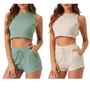 cheibear Women's 2 Pack Waffle Sleeveless Tank Top and Shorts Pajamas 2 Piece Sets - 1 of 4