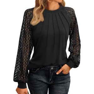 Womens Lace Long Sleeve Fall Shirts Casual Tops Crew Neck Business Fashion Outfits Clothes Knitted Blouses - 1 of 4