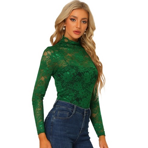 Womens Mock Neck Long Sleeve Mesh Top See Through Sheer Sexy Floral Lace  Blouse Tops