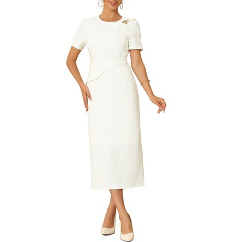 Женские платья INSPIRE CHIC Women's Crew Short Sleeve Pleated Waist Formal Work Sheath Dresses Medium White