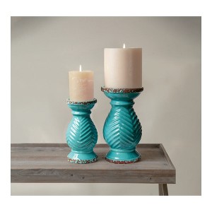 Manual Woodworkers and Weavers Earth Candle Holders Set of 2, Large Turquoise Ceramic, Rustic Modern Accent for Tables or Shelves - 1 of 3