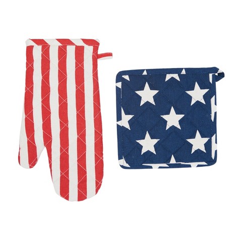 PATRIOTIC Towel Potholder & Ovenmitt Set  PATRIOTIC HOUSES w/GLITTER 