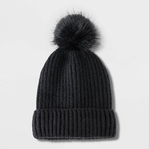 Girls' Beanie With Faux Fur Pom Hat - Cat & Jack™ Black - image 1 of 3