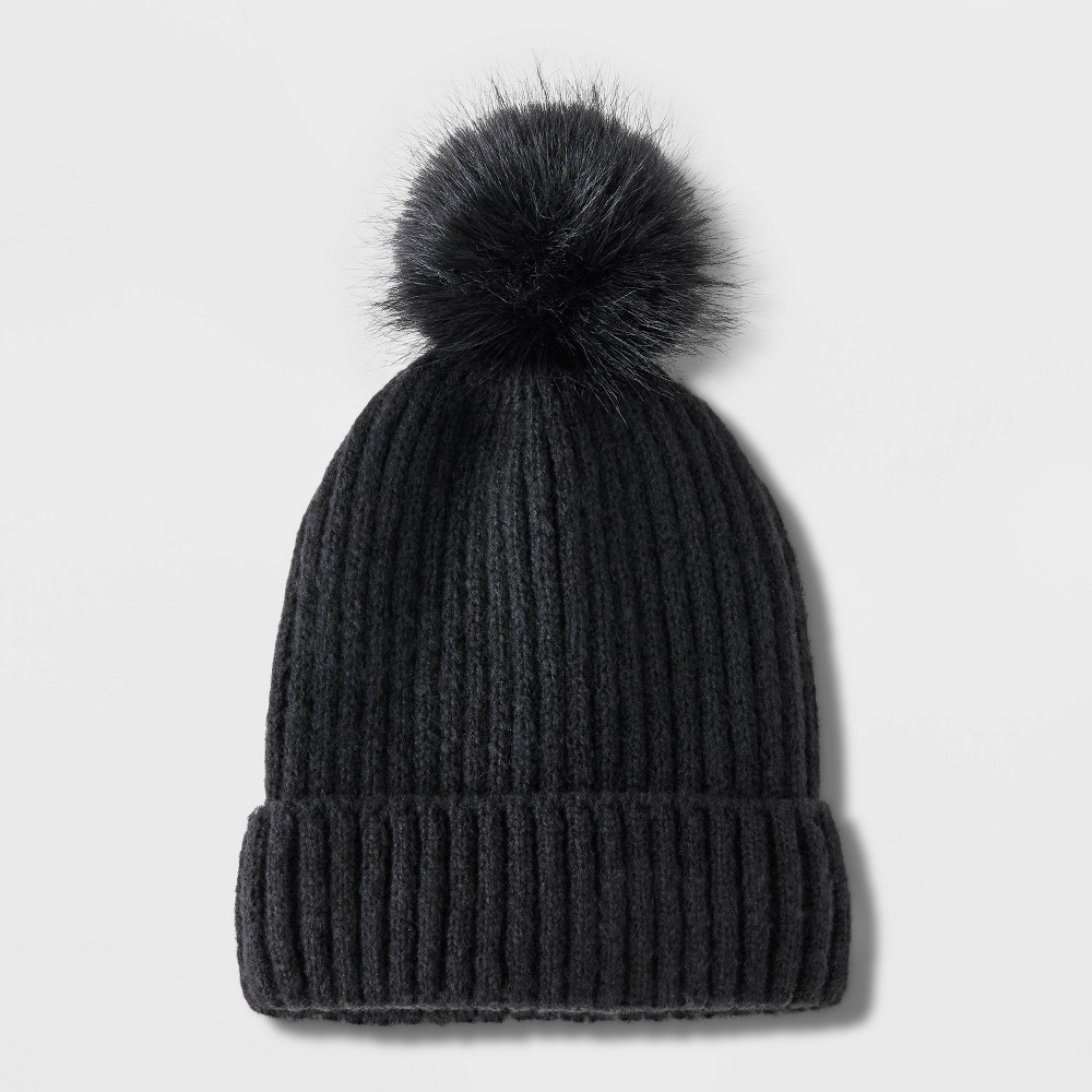 Girls' Beanie With Faux Fur Pom Hat - Cat & Jack™ Black