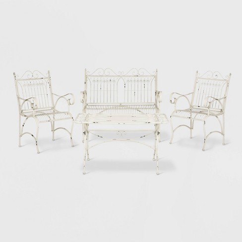 Leah 4pc Cast Iron Patio Chat Set Antique White Safavieh Target