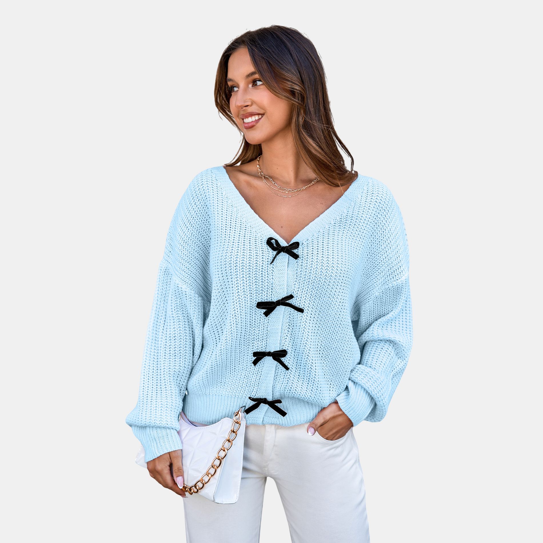 Women's Knit Bow Detail Long Sleeve Sweater – Cupshe-L-Light Blue