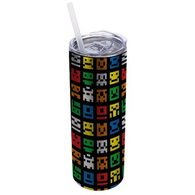 Elanze Designs Silvertone Sparkle 20 Ounce Double Wall Stainless Steel Glitter Travel Tumbler With Sliding Lid And Straw, 8-Bit Pixel Art Video Games