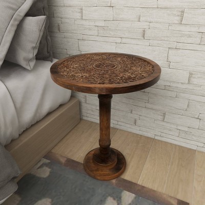 Majestic Floral Carved Dark Brown Mango Wood Round Accent Table