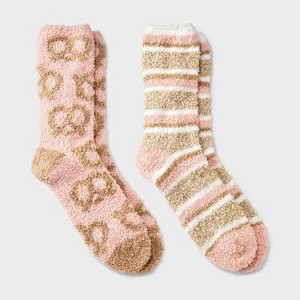 Women's Pretzel 2pk Cozy Crew Socks - Pink/Brown/Oatmeal 4-10 - 1 of 3