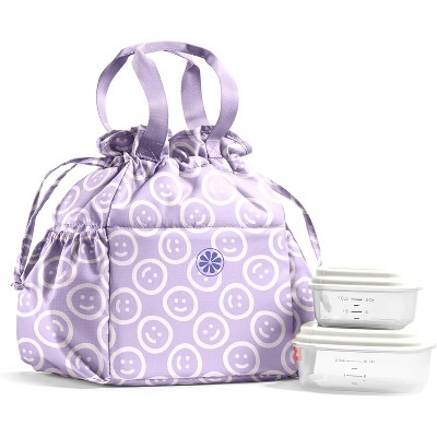 Drawstring Lunch Bag for Women, Complete Lunch Set with 2 Containers, Stain-Resistant, Leak-Resistant, Back to School Essential, Teacher Lunchbox