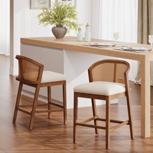 Set of 2 Counter Height Stools, Wood Counter Stools with Rattan Back and Upholstered Seat, Mid-Century Counter Stools for Kitchen Island-Koiai - 1 of 4