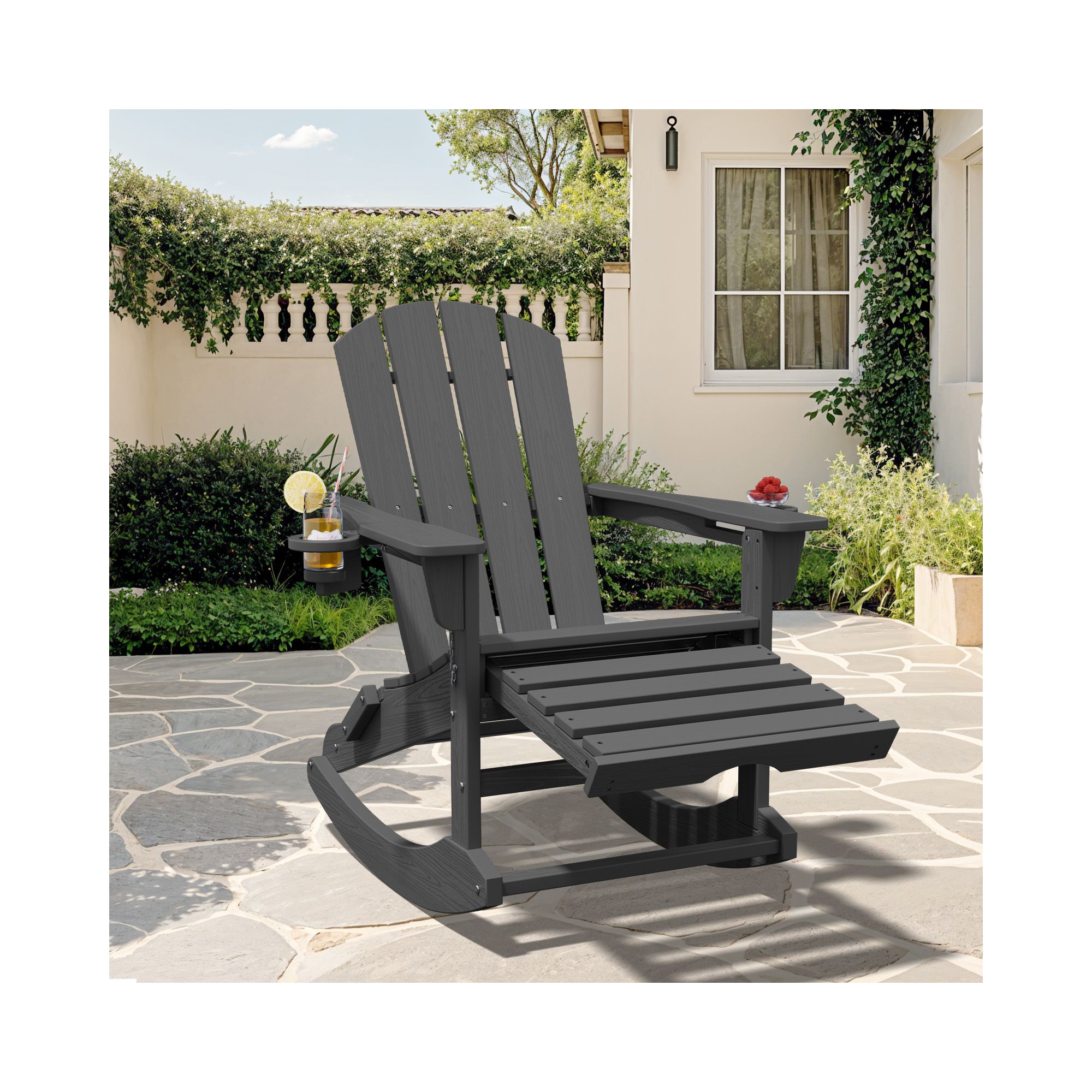 Adirondack Rocking Chair with Retractable Ottoman and Cup Holder, All Weather HDPE Folding Adirondack Chair,Fire Pit Chair for Porches, Patios