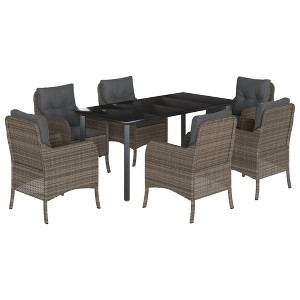 vidaXL 7 Piece Patio Dining Set - Gray Poly Rattan Outdoor Furniture - Cushioned Seats and Tempered Glass Table - 1 of 4