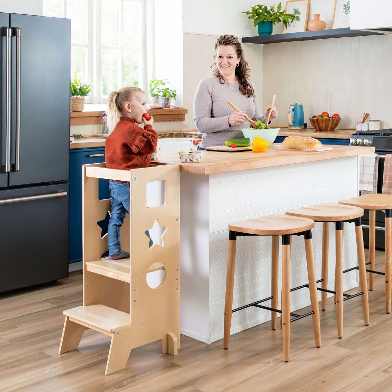 Guidecraft Jr. Classic Kitchen Helper Step-Up - Natural: Wooden Montessori Toddler Tower, Adjustable Height Bathroom Stool for Kids, 2 of 9