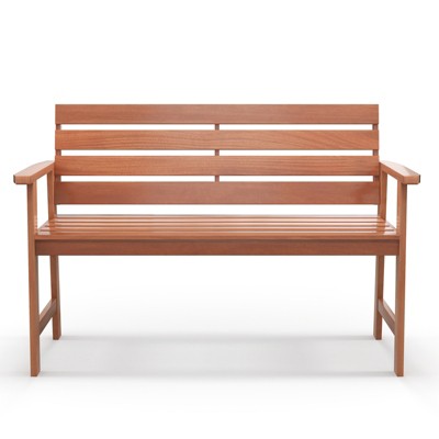 Tangkula Hardwood Patio Bench Wood 2-Seat Chair w/ Slatted Seat & Inclined Backrest Ergonomic Patio