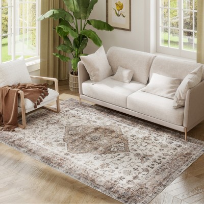 HOMCOM 4x6 Area Rug, Vintage Machine Washable Rug, Non-Slip Distressed Floor Carpet for Living Room, Bedroom, Dining Room, Home Office, Tan