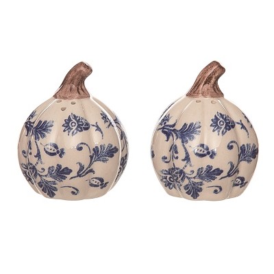 Transpac Harvest Cottage Blue Floral Pumpkins Ceramic Salt and Pepper Shakers Collectables Blue 4.3 in. Set of 2